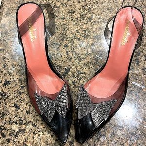 New in Box! Clear/Blue Slingback, Crystal, Pointed Toe Heels With Sexy With Bow